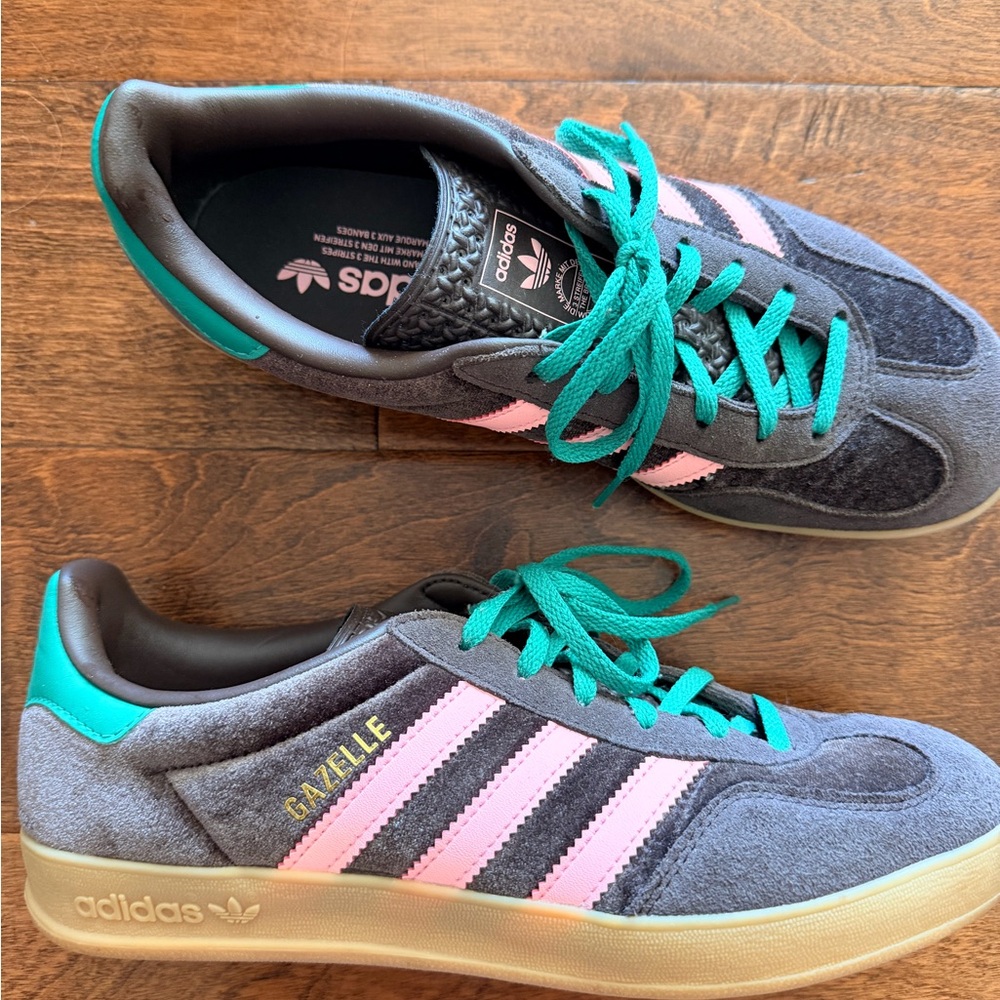 Adidas Gazelle Sneakers in Gray and Pink with Teal Accents